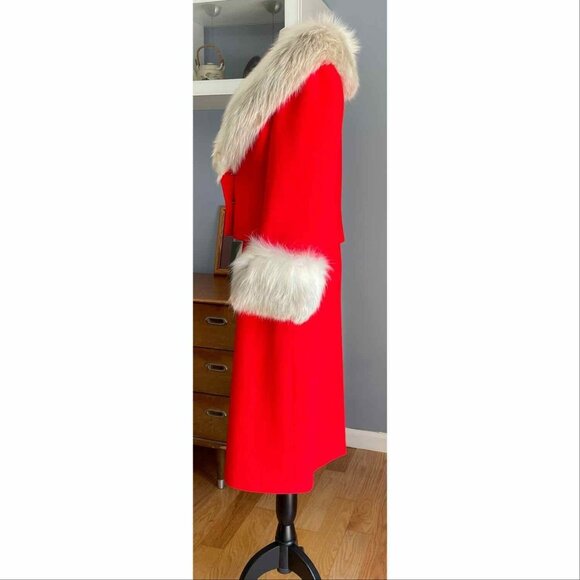 VINTAGE 60's Red Wool Dress & Jacket Suit Huge Fox Fur Trim - Picture 4 of 13